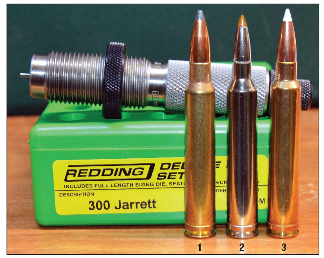 The 300 Jarrett case was originally formed by using a Redding sizing die to neck down the 8mm Remington Magnum case. Today, 7mm STW brass is often easier to find and the same die with a tapered expander button available as an accessory from Redding is used to neck up that case. Either way, cases have to be fireformed in the 300 Jarrett chamber prior to charging with full-power loads. Shown here: (1) 8mm Magnum, (2) 7mm STW and (3) 300 Jarrett.